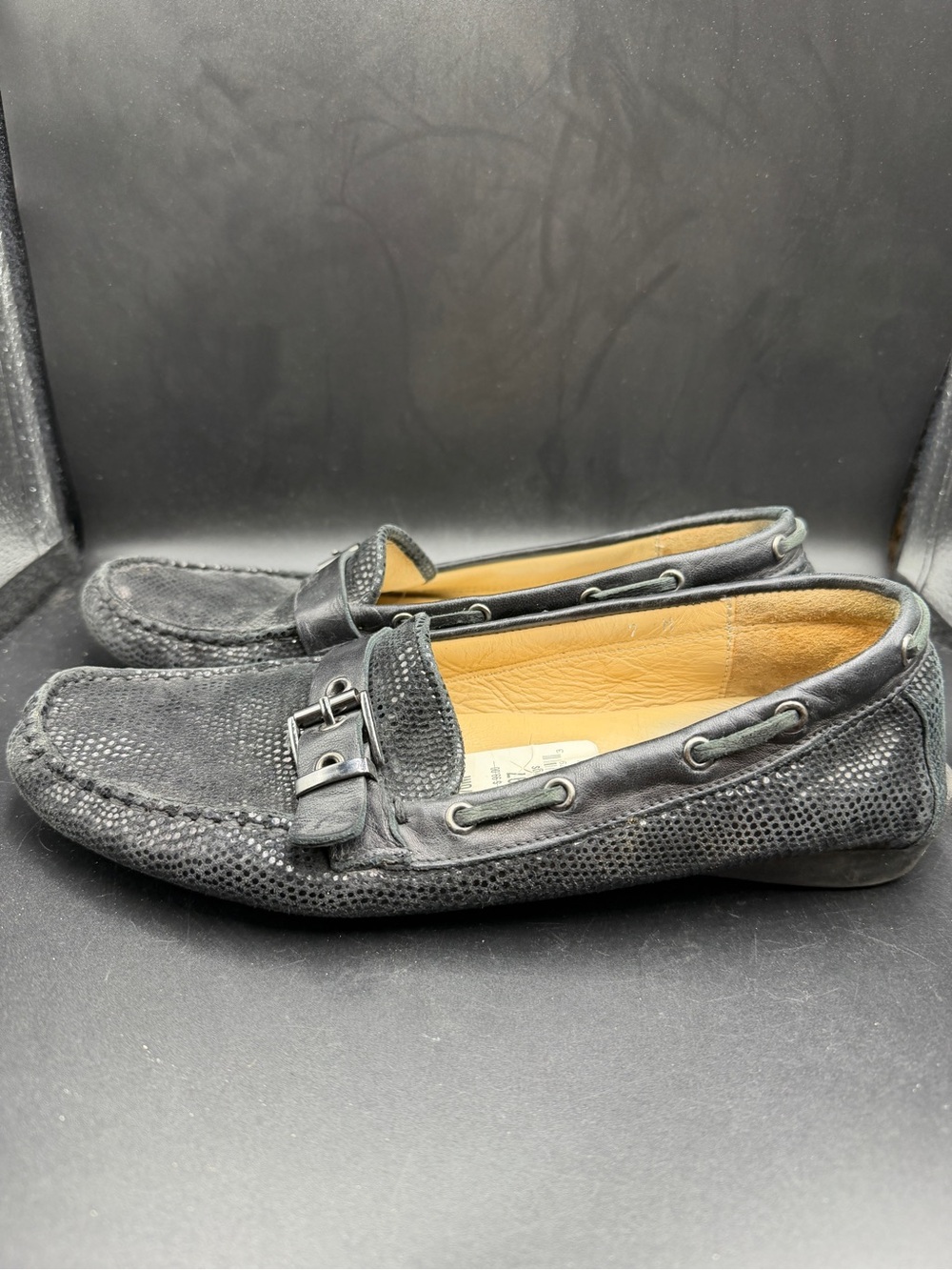 Women’s Black Leather Driving Loafers with Textured Upper